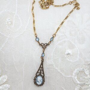 Vintage Victorian revival Cameo pendant Swarovski Crysta 14k plated necklace 16"